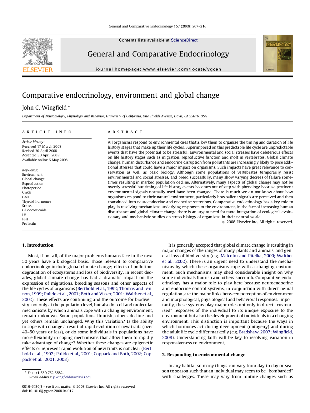 Comparative endocrinology, environment and global change