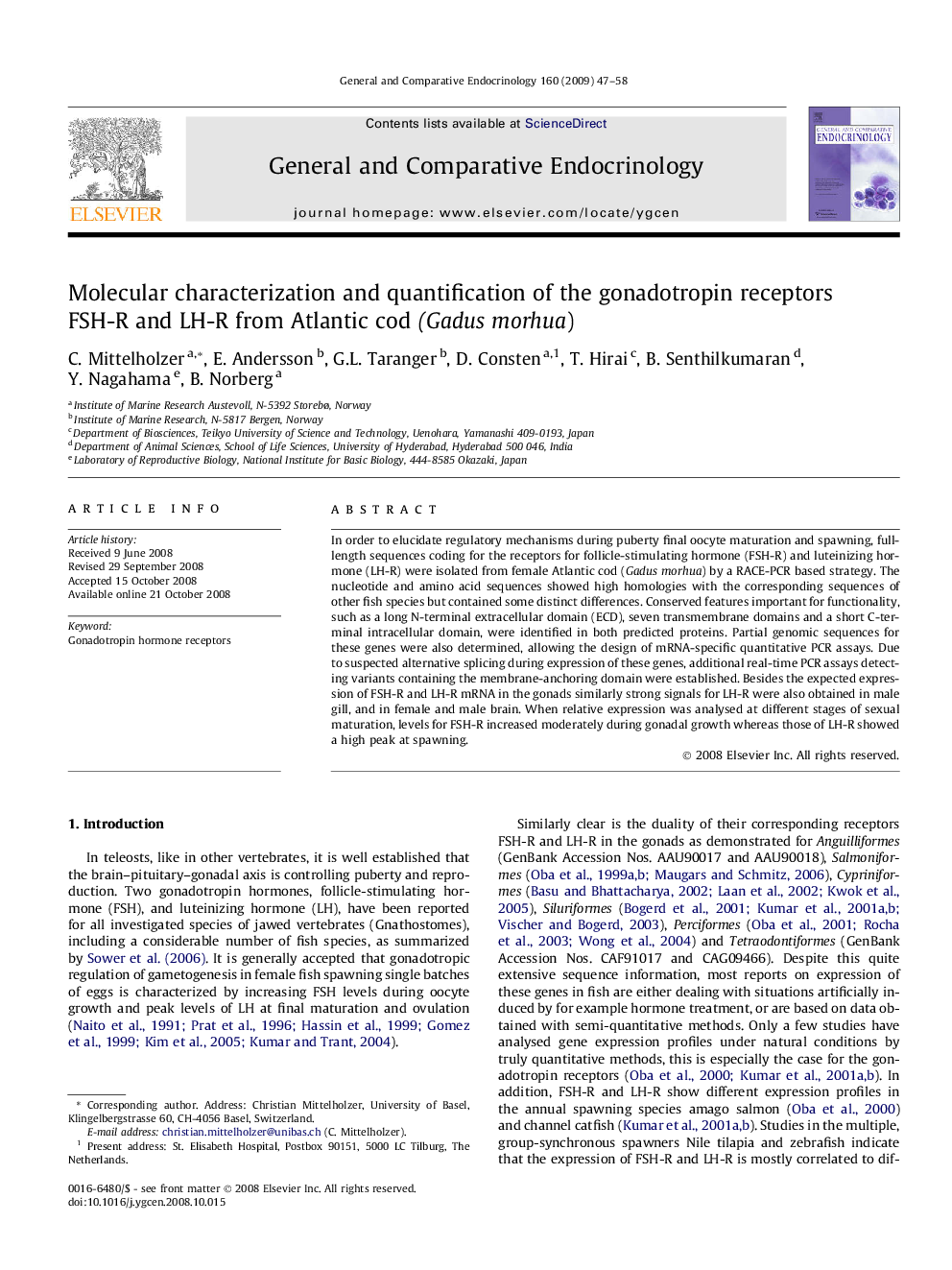 Molecular characterization and quantification of the gonadotropin receptors FSH-R and LH-R from Atlantic cod (Gadus morhua)