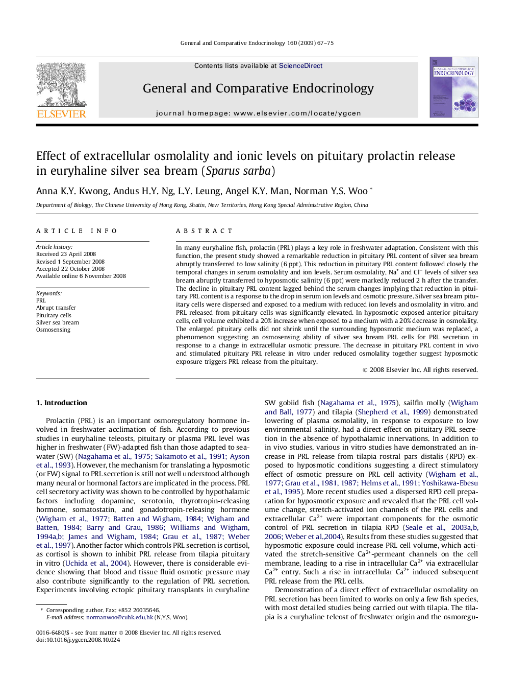 Effect of extracellular osmolality and ionic levels on pituitary prolactin release in euryhaline silver sea bream (Sparus sarba)