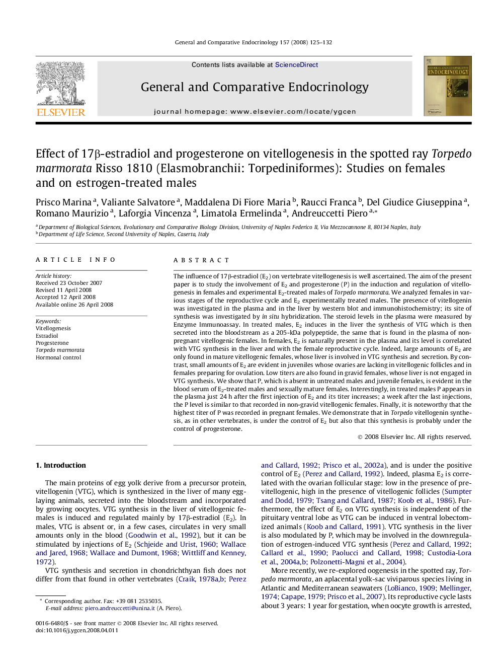 Effect of 17Î²-estradiol and progesterone on vitellogenesis in the spotted ray Torpedo marmorata Risso 1810 (Elasmobranchii: Torpediniformes): Studies on females and on estrogen-treated males