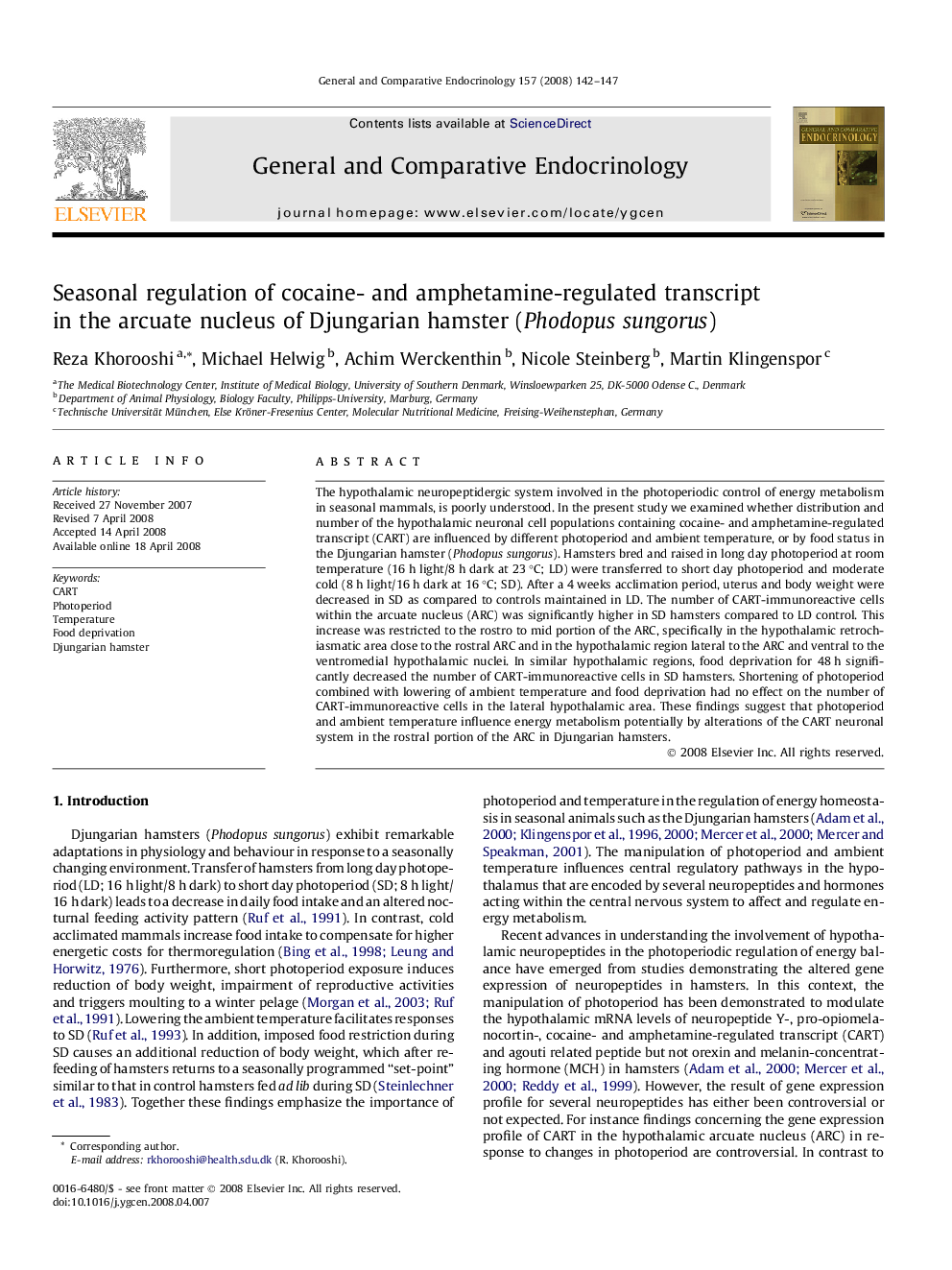 Seasonal regulation of cocaine- and amphetamine-regulated transcript in the arcuate nucleus of Djungarian hamster (Phodopus sungorus)