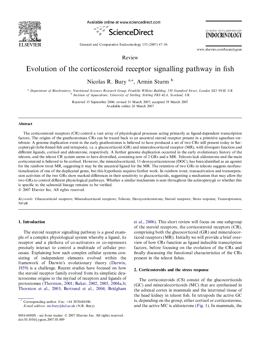 Evolution of the corticosteroid receptor signalling pathway in fish