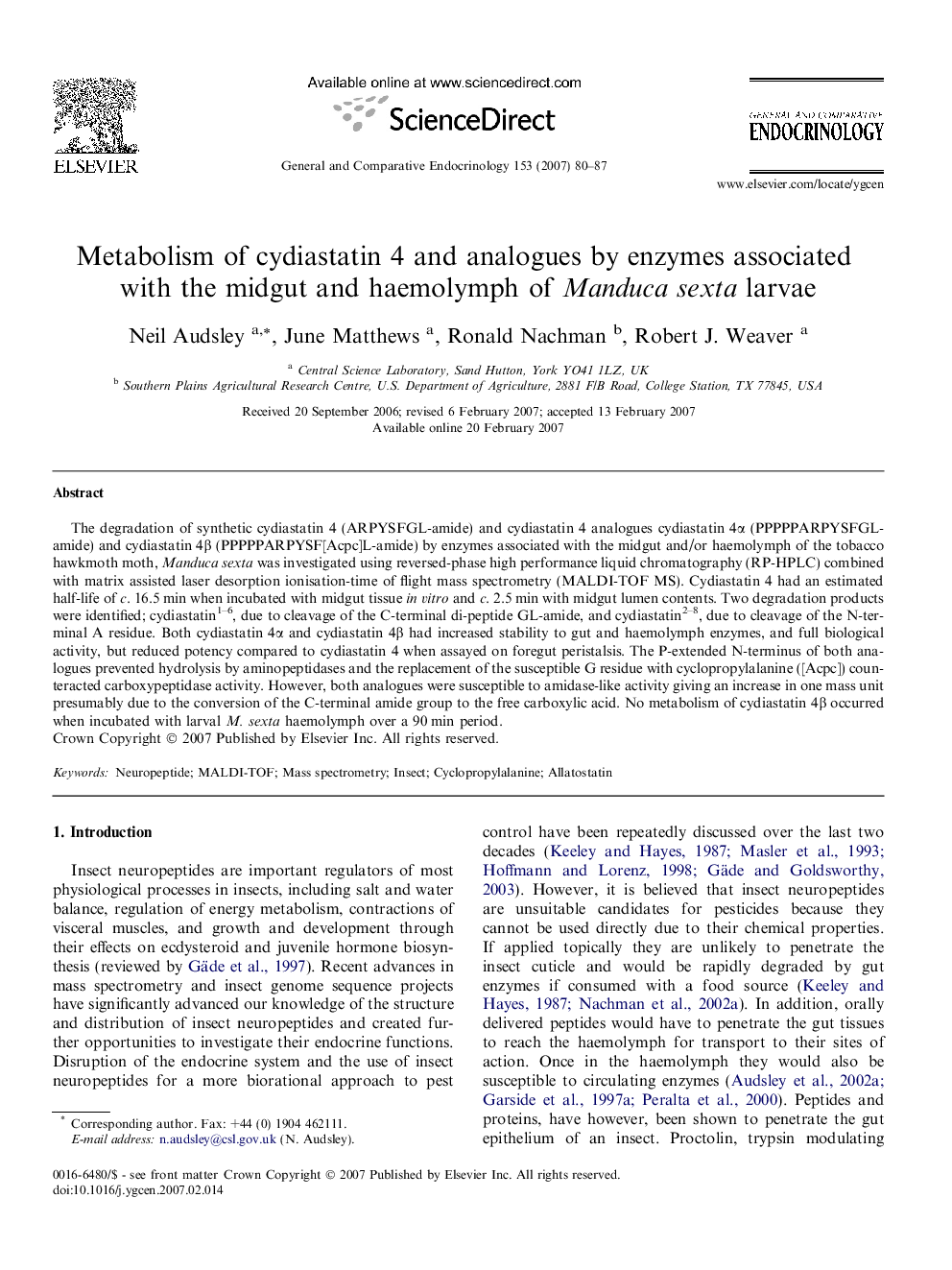 Metabolism of cydiastatin 4 and analogues by enzymes associated with the midgut and haemolymph of Manduca sexta larvae