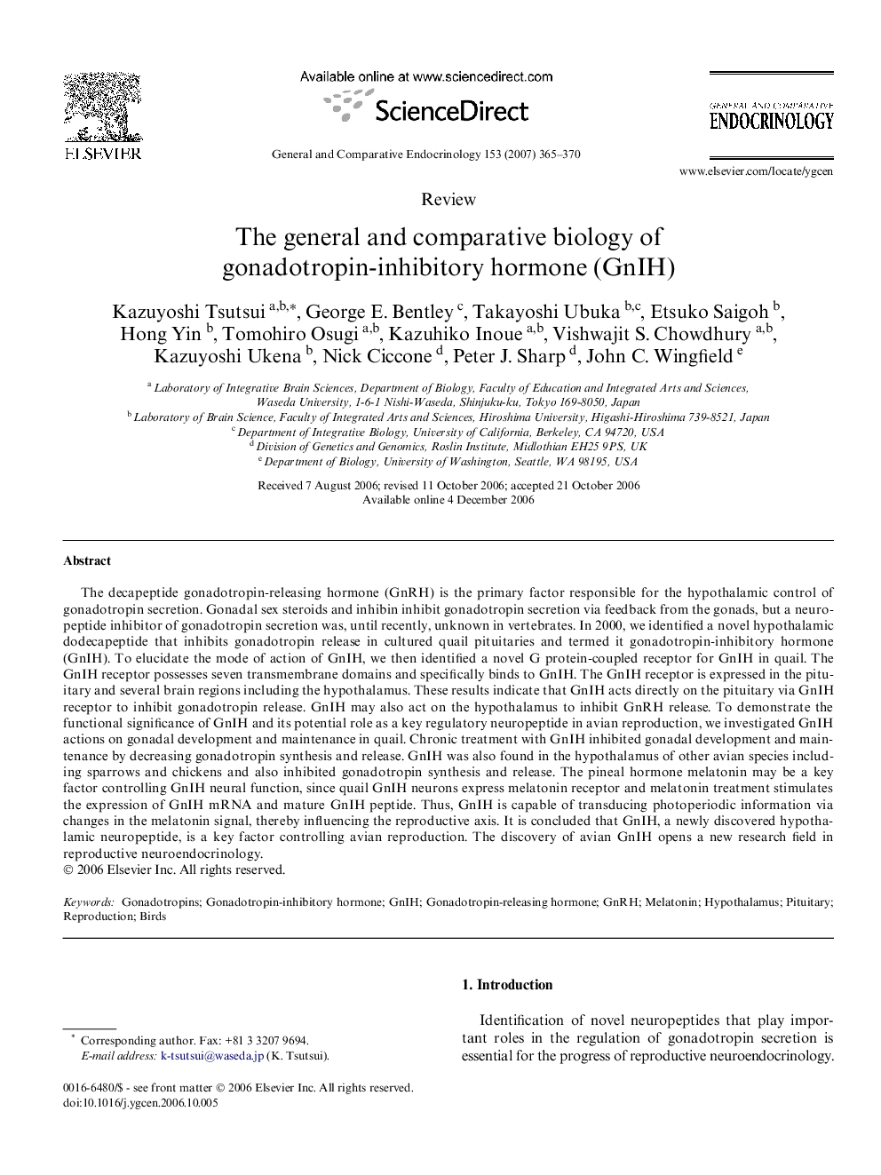 The general and comparative biology of gonadotropin-inhibitory hormone (GnIH)