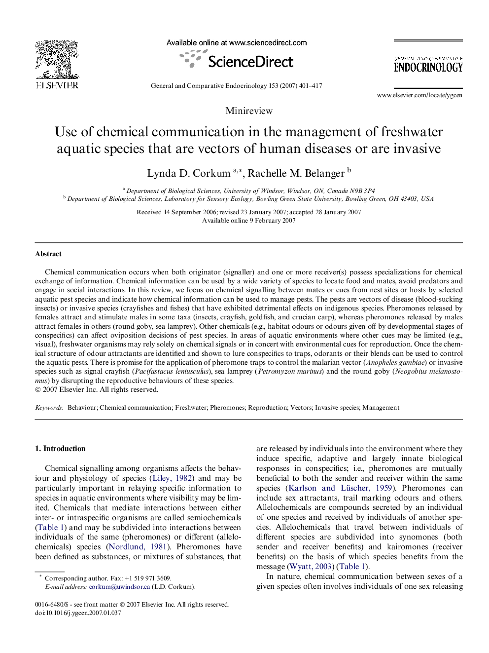 Use of chemical communication in the management of freshwater aquatic species that are vectors of human diseases or are invasive