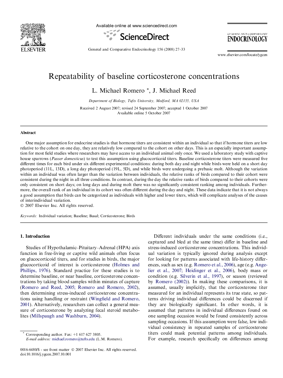 Repeatability of baseline corticosterone concentrations