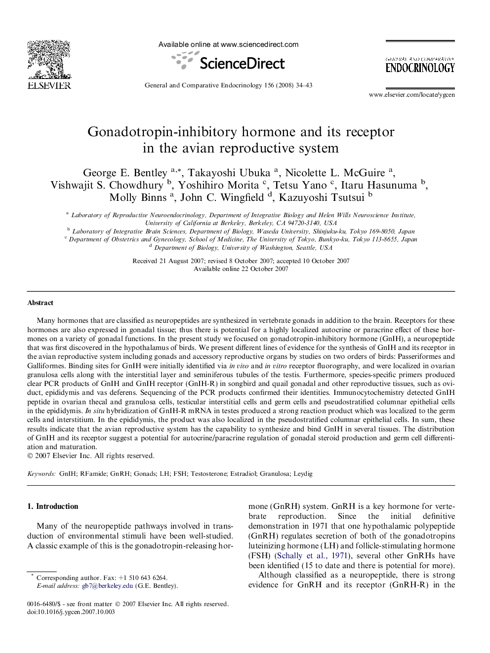 Gonadotropin-inhibitory hormone and its receptor in the avian reproductive system