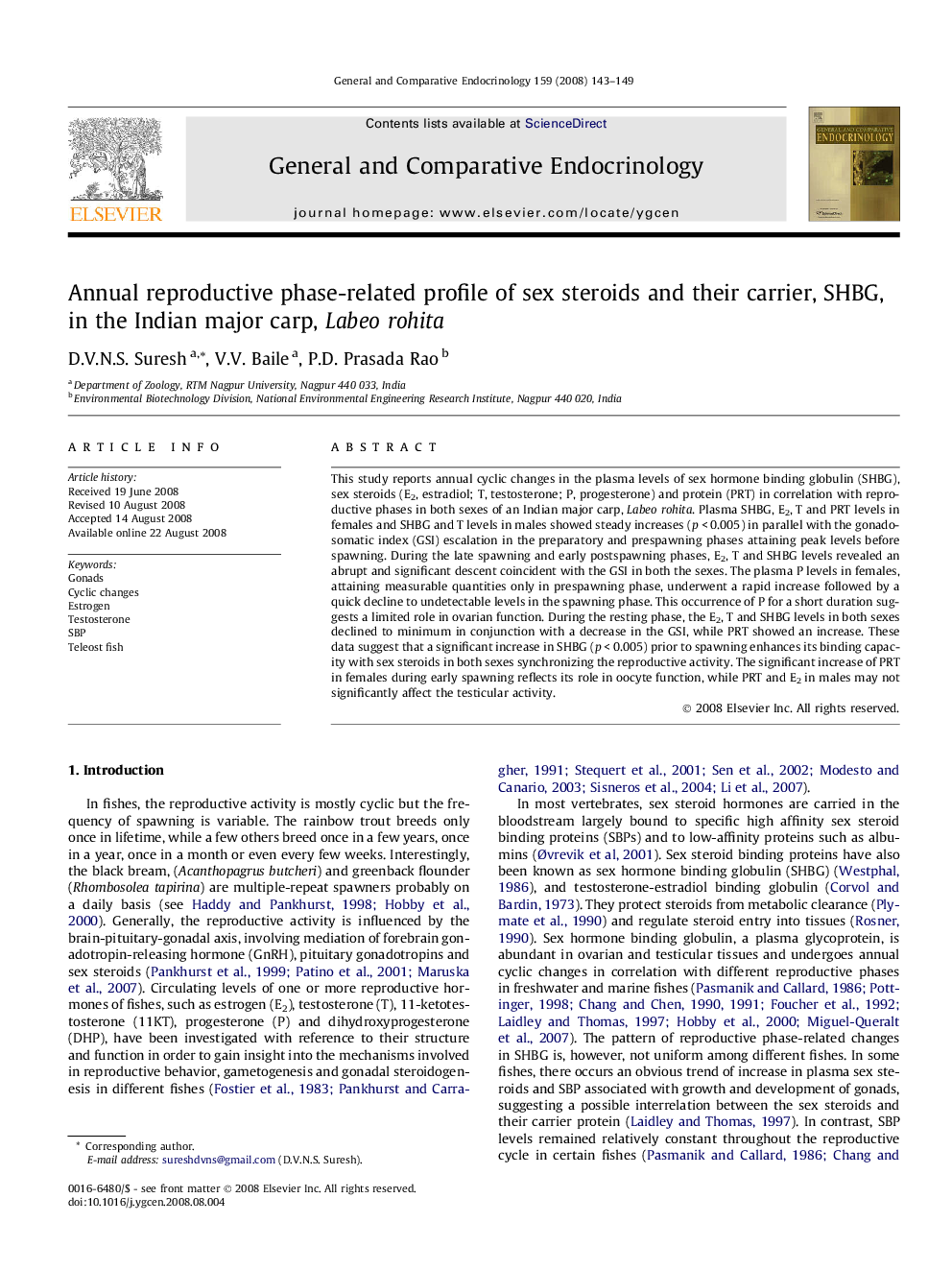 Annual reproductive phase-related profile of sex steroids and their carrier, SHBG, in the Indian major carp, Labeo rohita