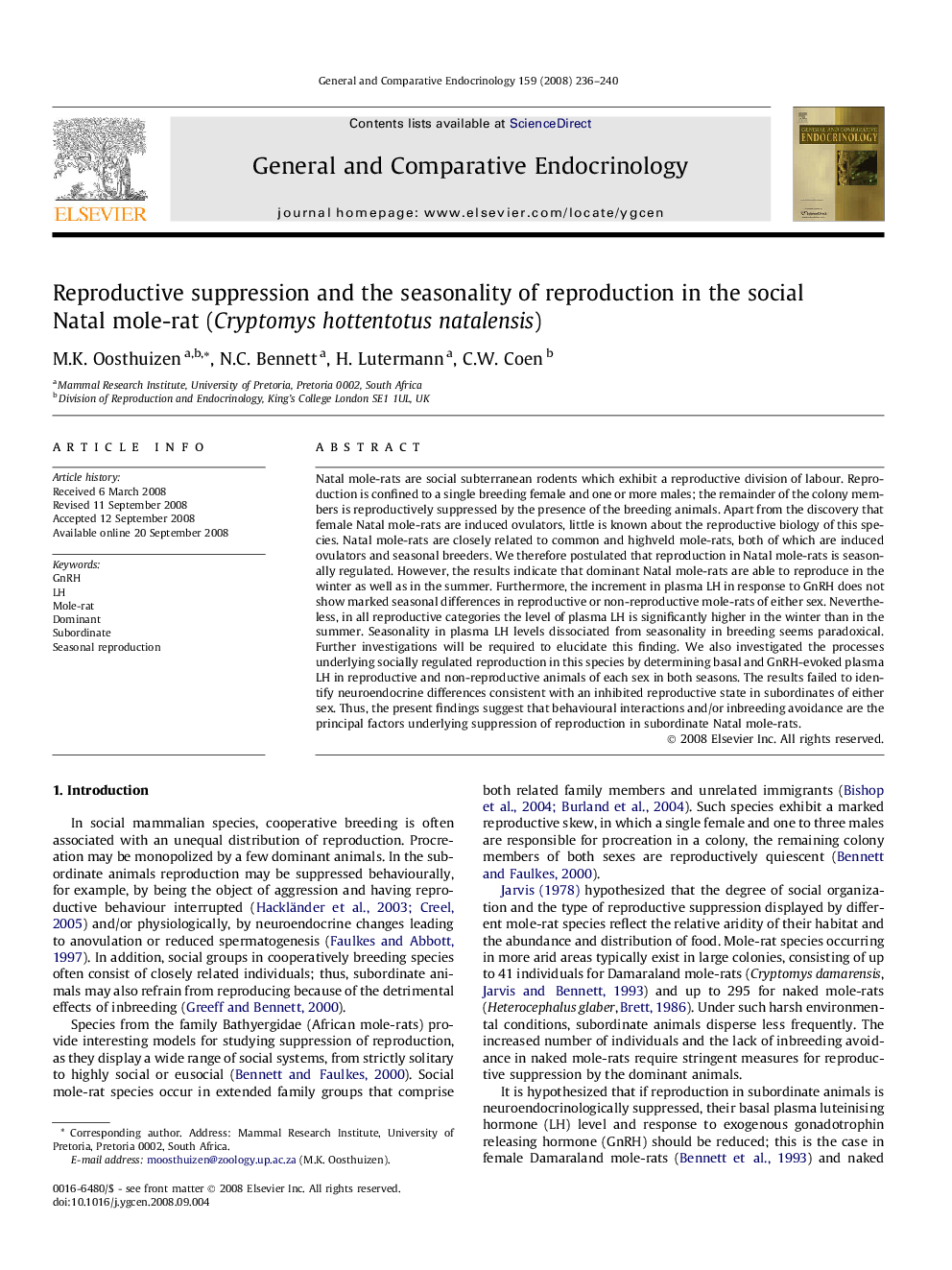 Reproductive suppression and the seasonality of reproduction in the social Natal mole-rat (Cryptomys hottentotus natalensis)