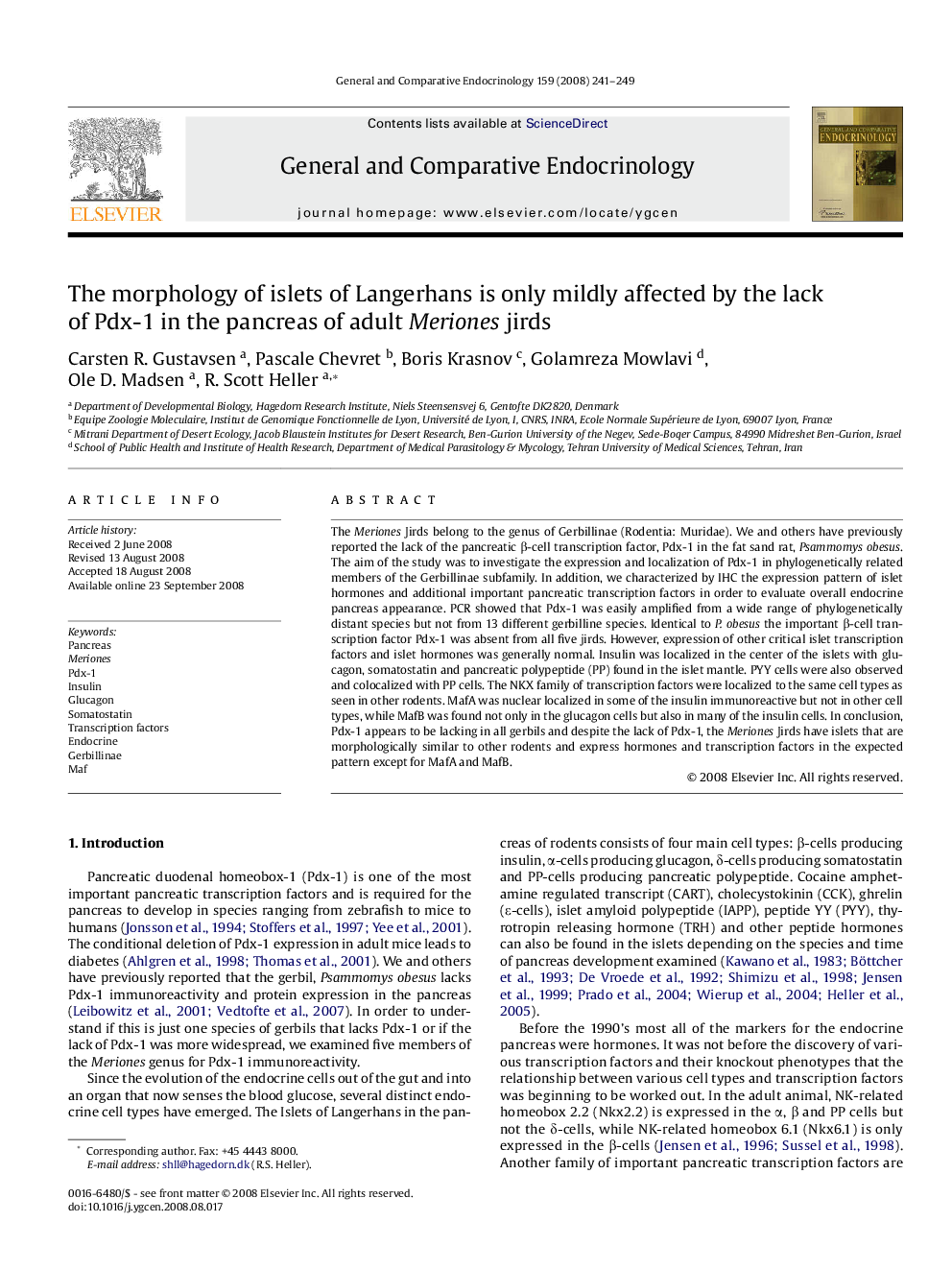 The morphology of islets of Langerhans is only mildly affected by the lack of Pdx-1 in the pancreas of adult Meriones jirds