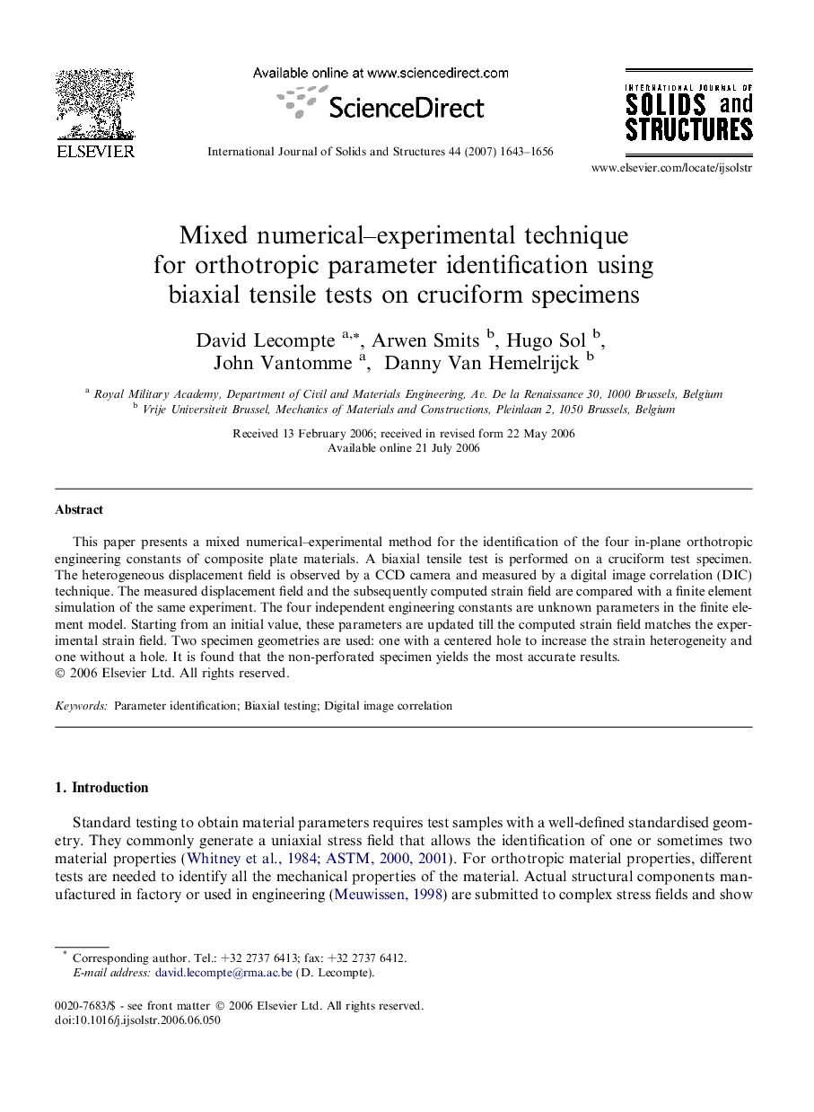 Mixed numerical–experimental technique for orthotropic parameter identification using biaxial tensile tests on cruciform specimens