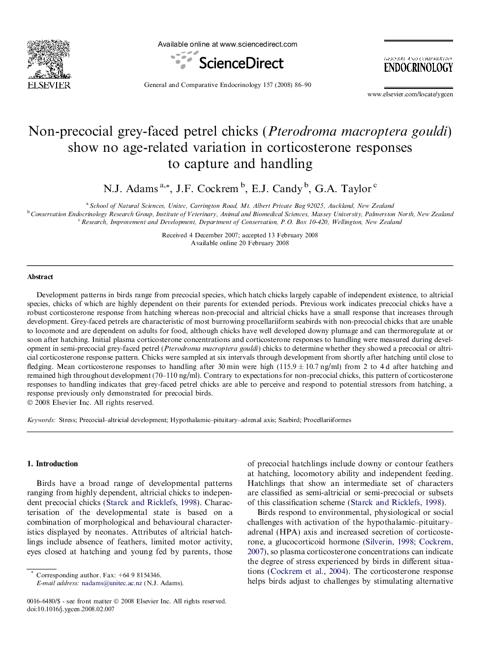 Non-precocial grey-faced petrel chicks (Pterodroma macroptera gouldi) show no age-related variation in corticosterone responses to capture and handling