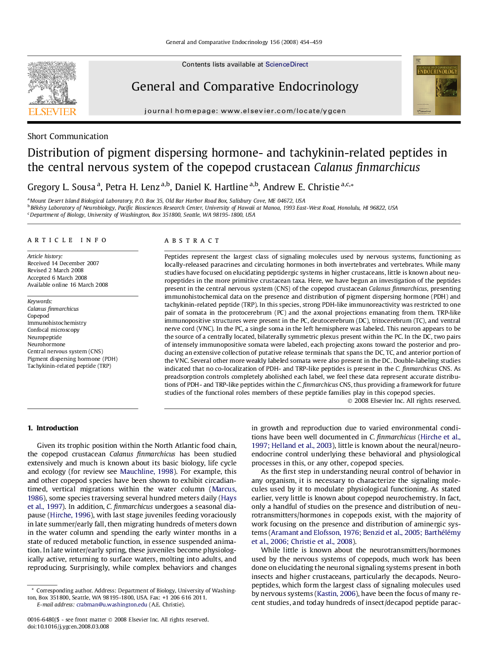 Distribution of pigment dispersing hormone- and tachykinin-related peptides in the central nervous system of the copepod crustacean Calanus finmarchicus