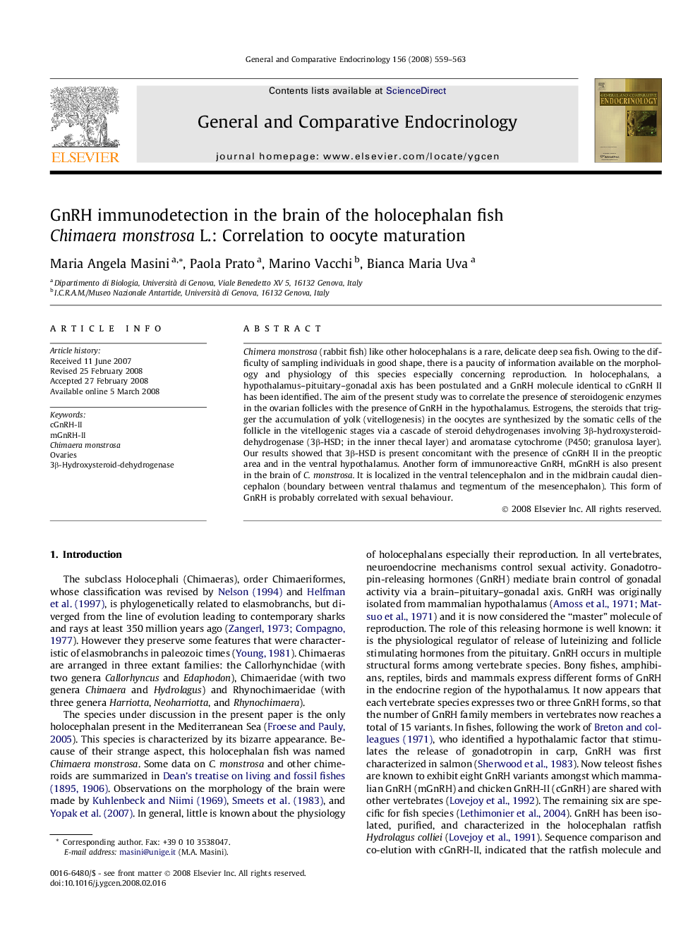 GnRH immunodetection in the brain of the holocephalan fish Chimaera monstrosa L.: Correlation to oocyte maturation