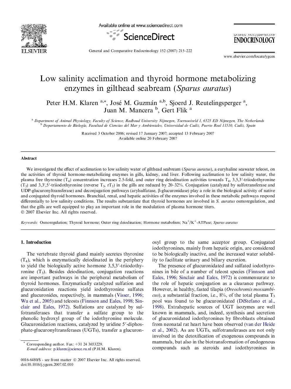 Low salinity acclimation and thyroid hormone metabolizing enzymes in gilthead seabream (Sparus auratus)