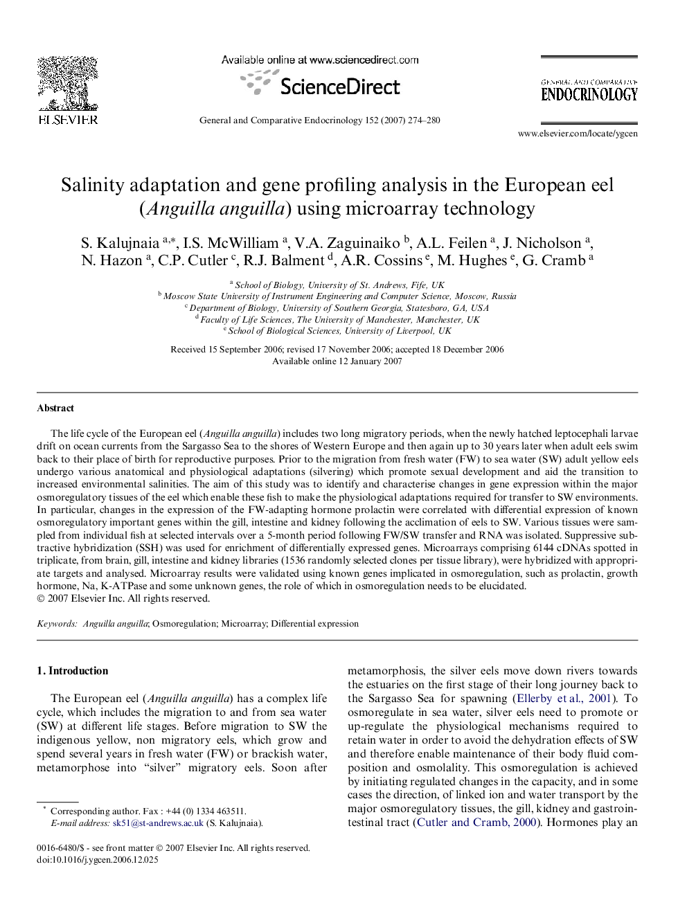 Salinity adaptation and gene profiling analysis in the European eel (Anguilla anguilla) using microarray technology