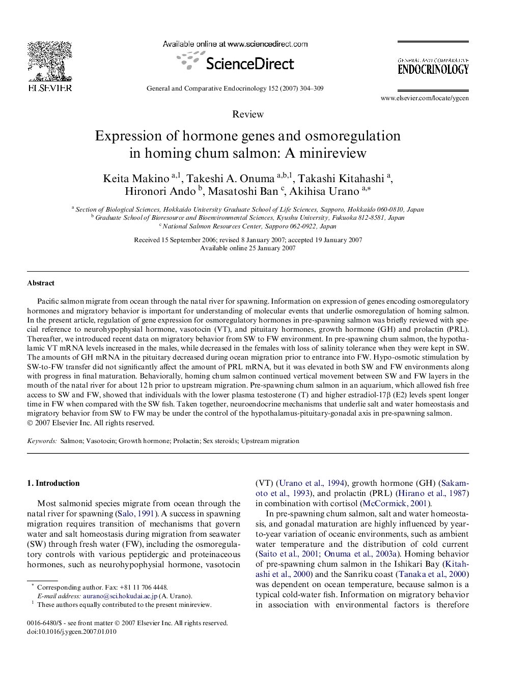 Expression of hormone genes and osmoregulation in homing chum salmon: A minireview