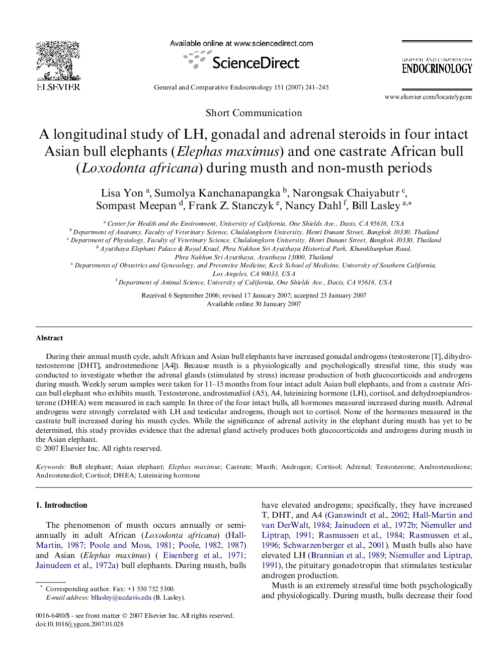 A longitudinal study of LH, gonadal and adrenal steroids in four intact Asian bull elephants (Elephas maximus) and one castrate African bull (Loxodonta africana) during musth and non-musth periods