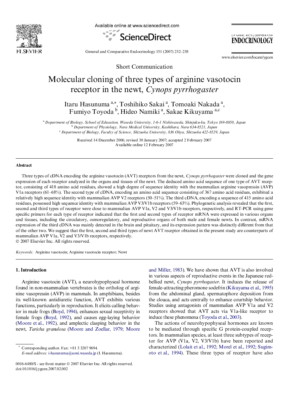 Molecular cloning of three types of arginine vasotocin receptor in the newt, Cynops pyrrhogaster