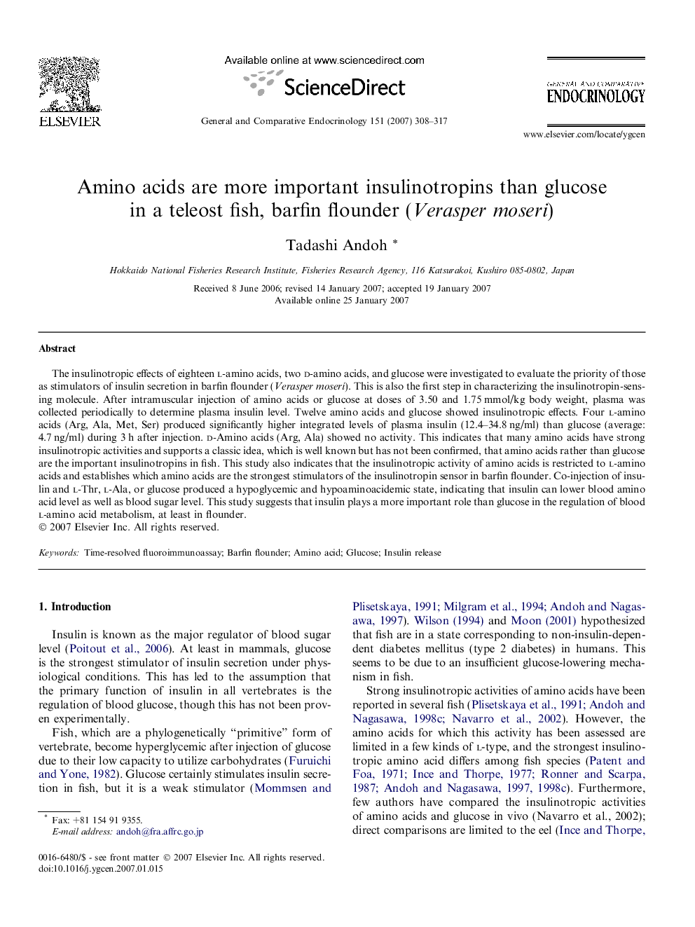 Amino acids are more important insulinotropins than glucose in a teleost fish, barfin flounder (Verasper moseri)