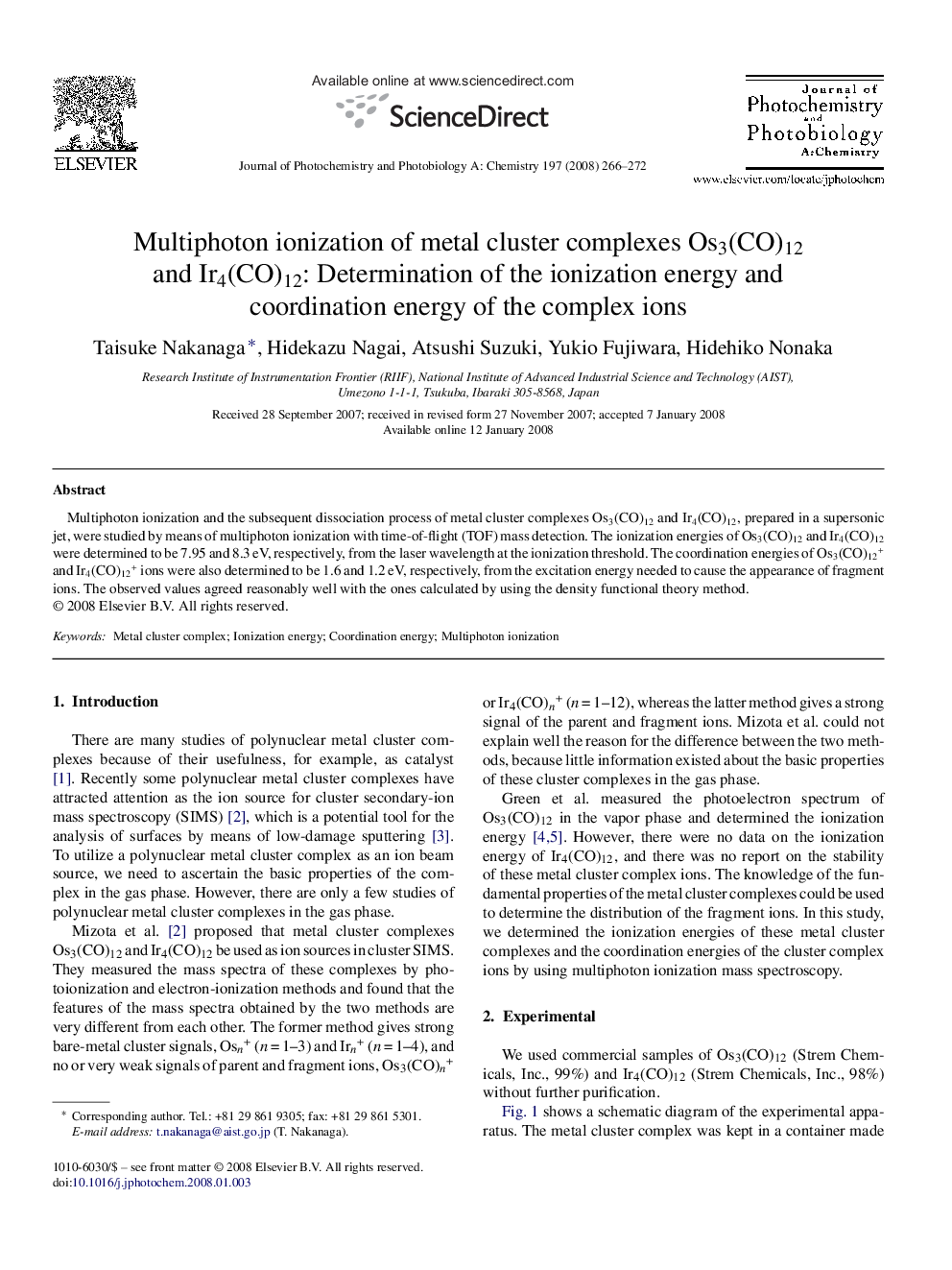 Multiphoton ionization of metal cluster complexes Os3(CO)12 and Ir4(CO)12: Determination of the ionization energy and coordination energy of the complex ions