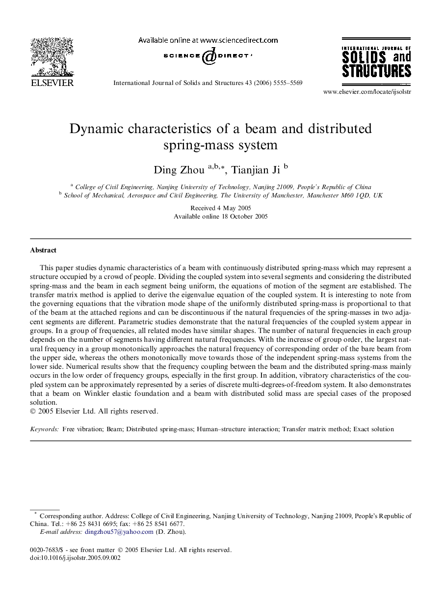 Dynamic characteristics of a beam and distributed spring-mass system