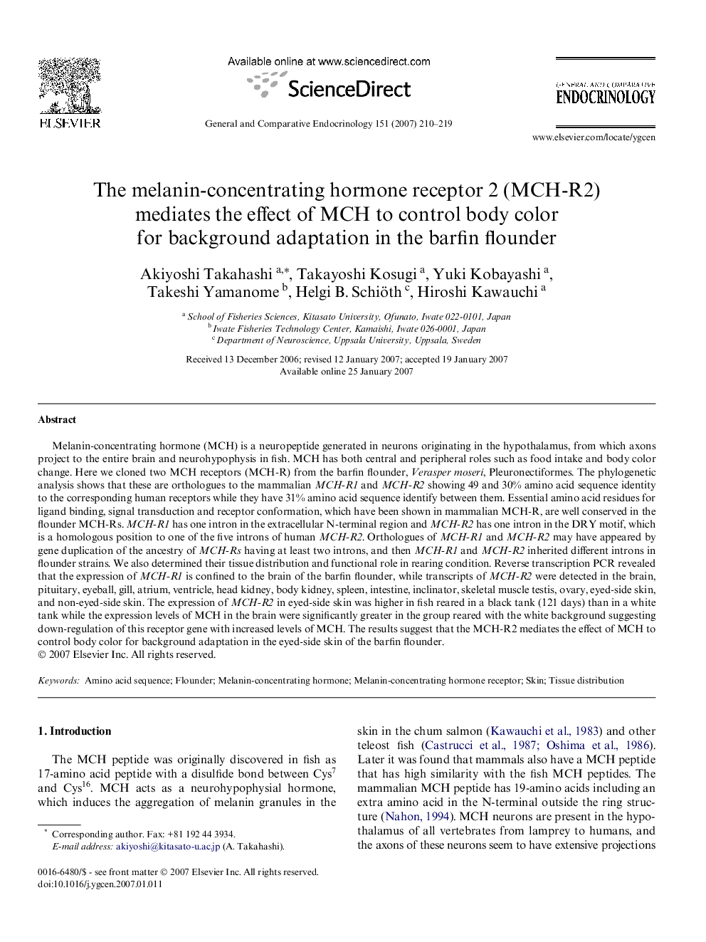 The melanin-concentrating hormone receptor 2 (MCH-R2) mediates the effect of MCH to control body color for background adaptation in the barfin flounder