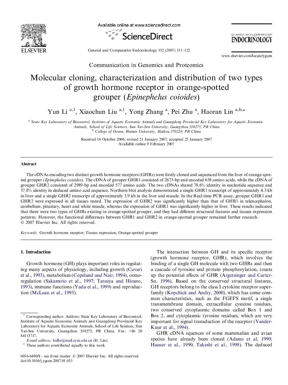 Molecular cloning, characterization and distribution of two types of growth hormone receptor in orange-spotted grouper (Epinephelus coioides)