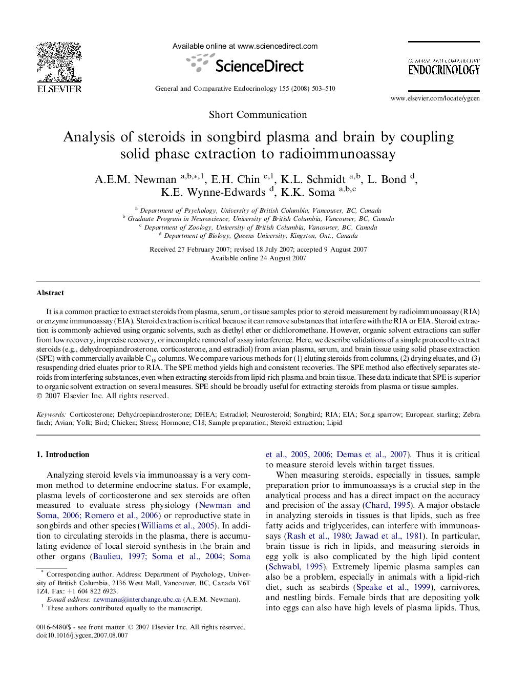 Analysis of steroids in songbird plasma and brain by coupling solid phase extraction to radioimmunoassay