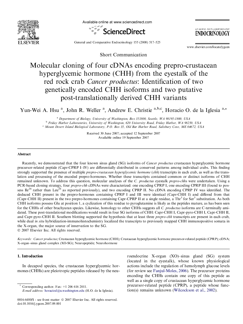 Molecular cloning of four cDNAs encoding prepro-crustacean hyperglycemic hormone (CHH) from the eyestalk of the red rock crab Cancer productus: Identification of two genetically encoded CHH isoforms and two putative post-translationally derived CHH varian