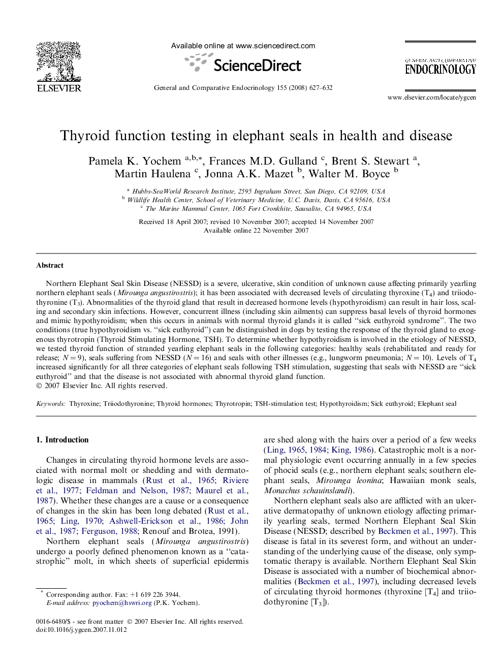 Thyroid function testing in elephant seals in health and disease