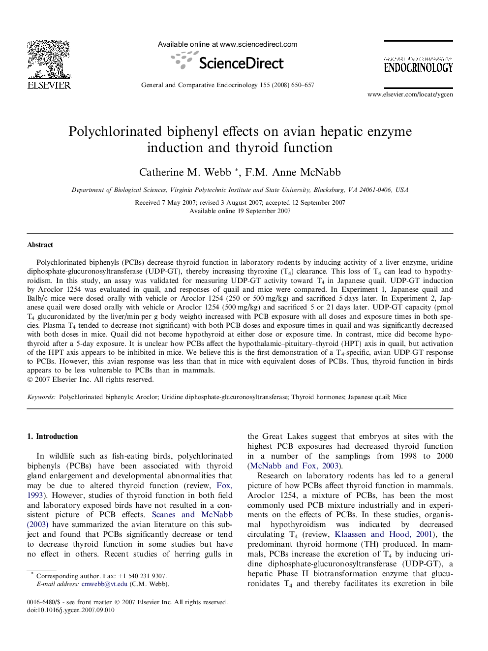 Polychlorinated biphenyl effects on avian hepatic enzyme induction and thyroid function