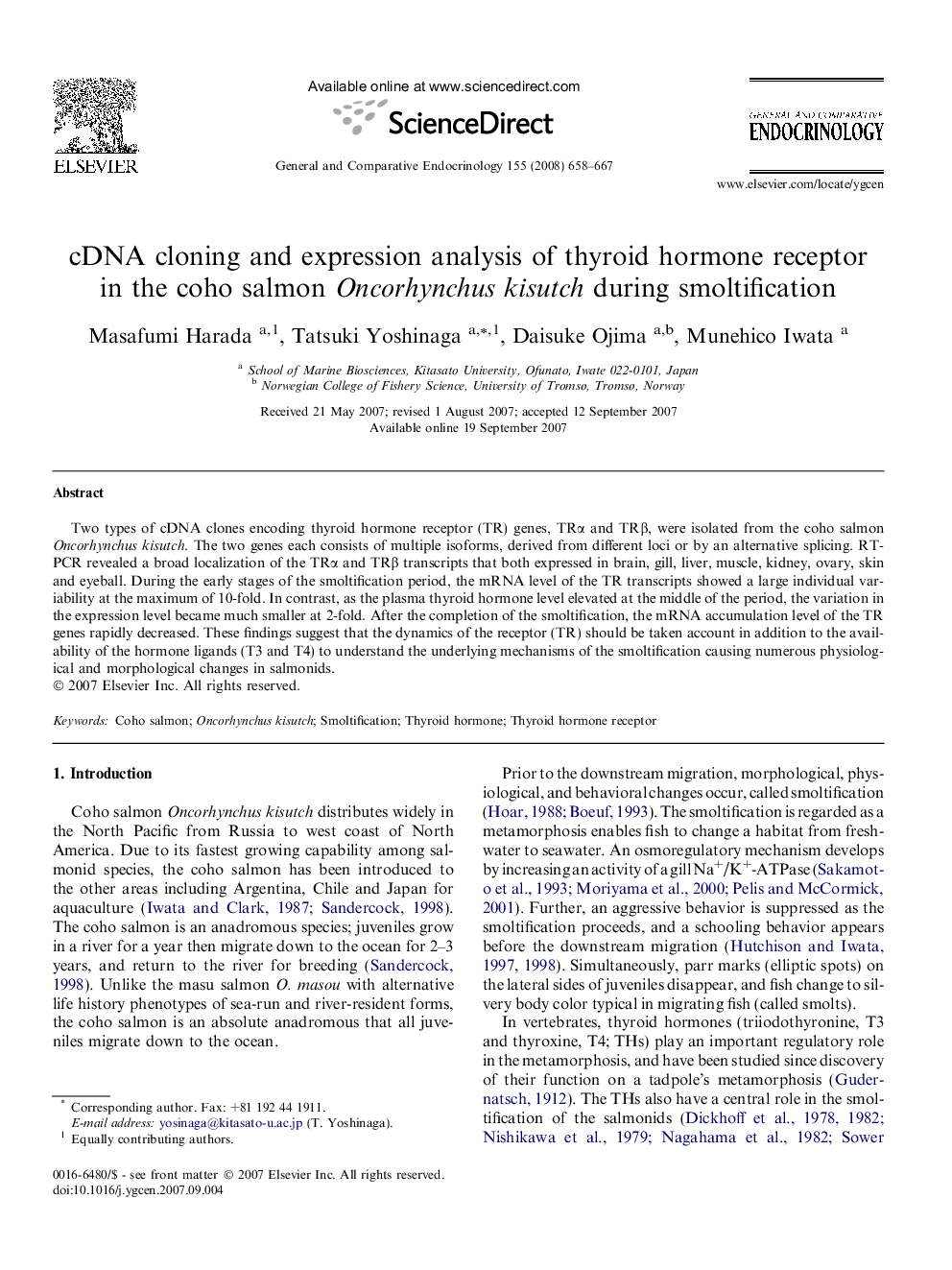 cDNA cloning and expression analysis of thyroid hormone receptor in the coho salmon Oncorhynchus kisutch during smoltification