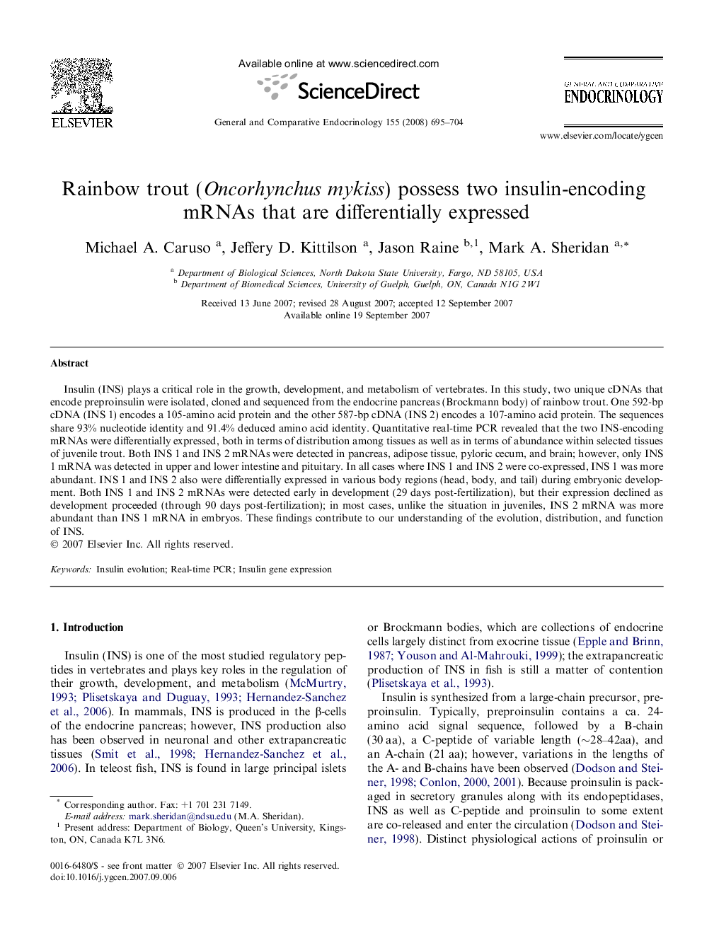 Rainbow trout (Oncorhynchus mykiss) possess two insulin-encoding mRNAs that are differentially expressed