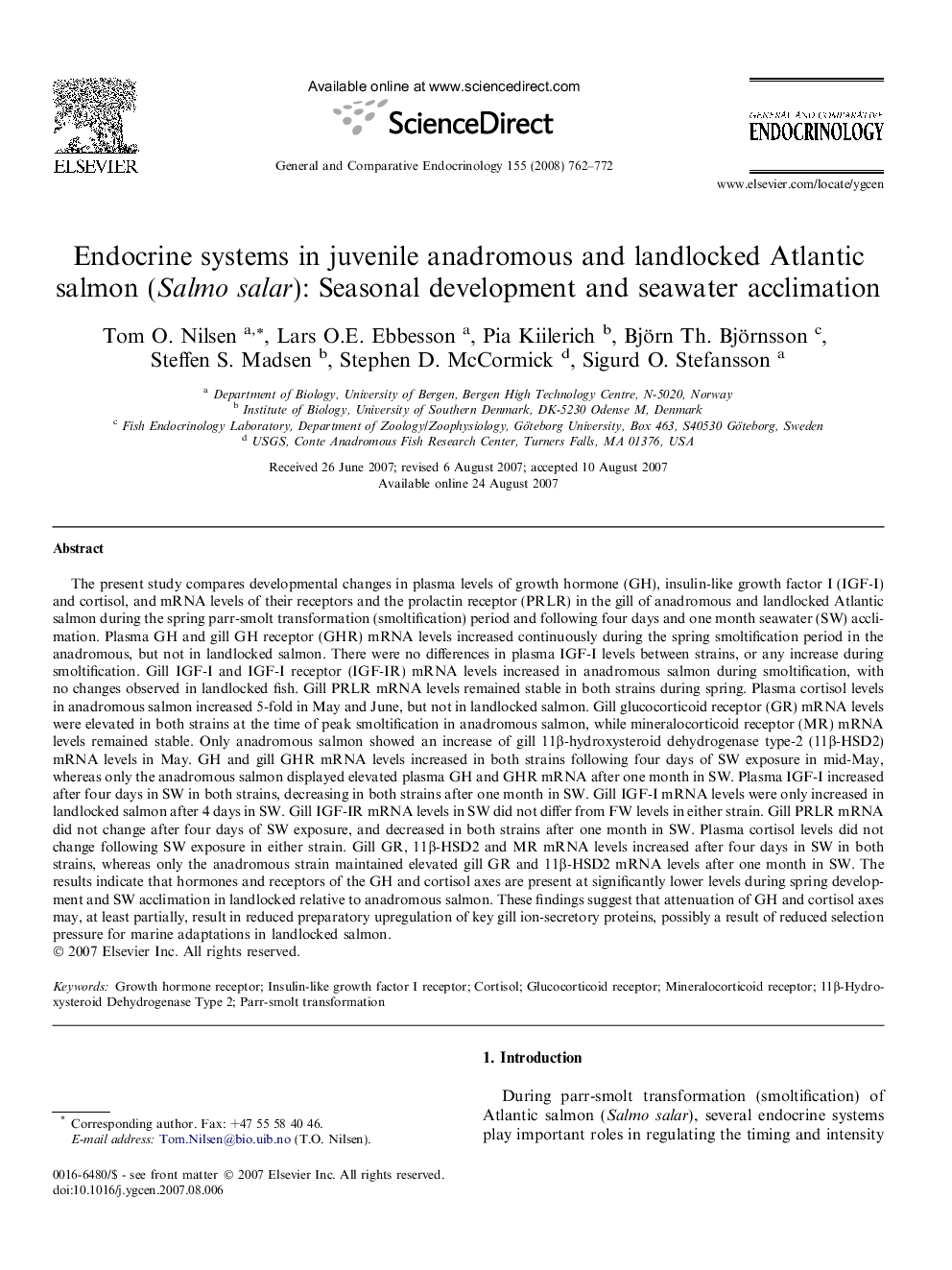 Endocrine systems in juvenile anadromous and landlocked Atlantic salmon (Salmo salar): Seasonal development and seawater acclimation