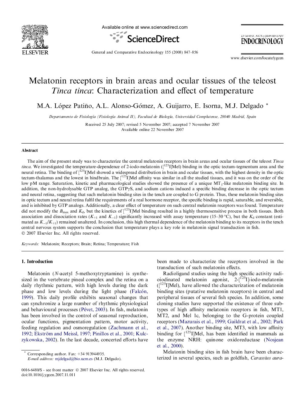 Melatonin receptors in brain areas and ocular tissues of the teleost Tinca tinca: Characterization and effect of temperature