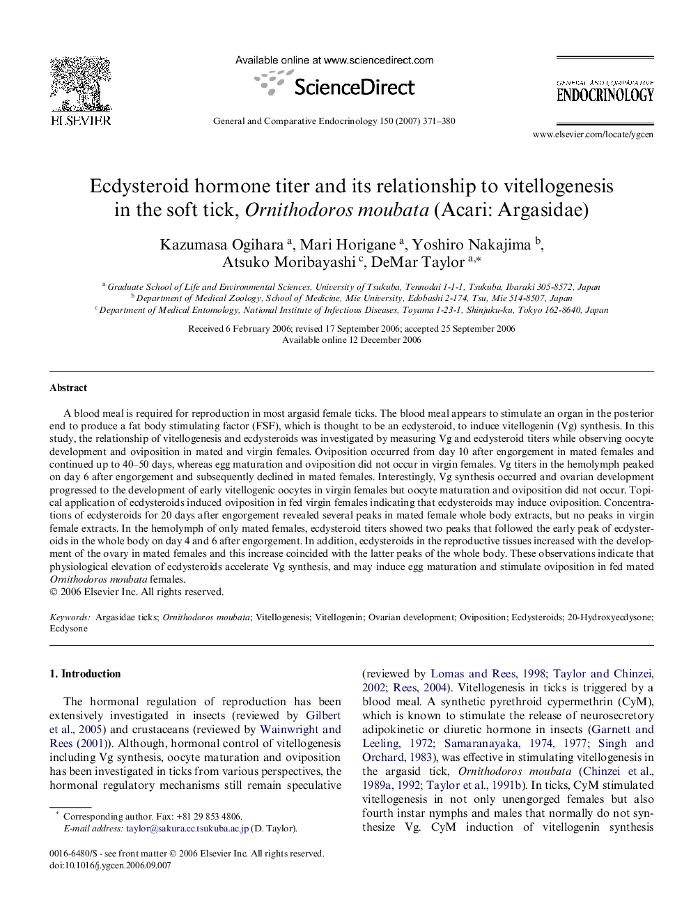 Ecdysteroid hormone titer and its relationship to vitellogenesis in the soft tick, Ornithodoros moubata (Acari: Argasidae)