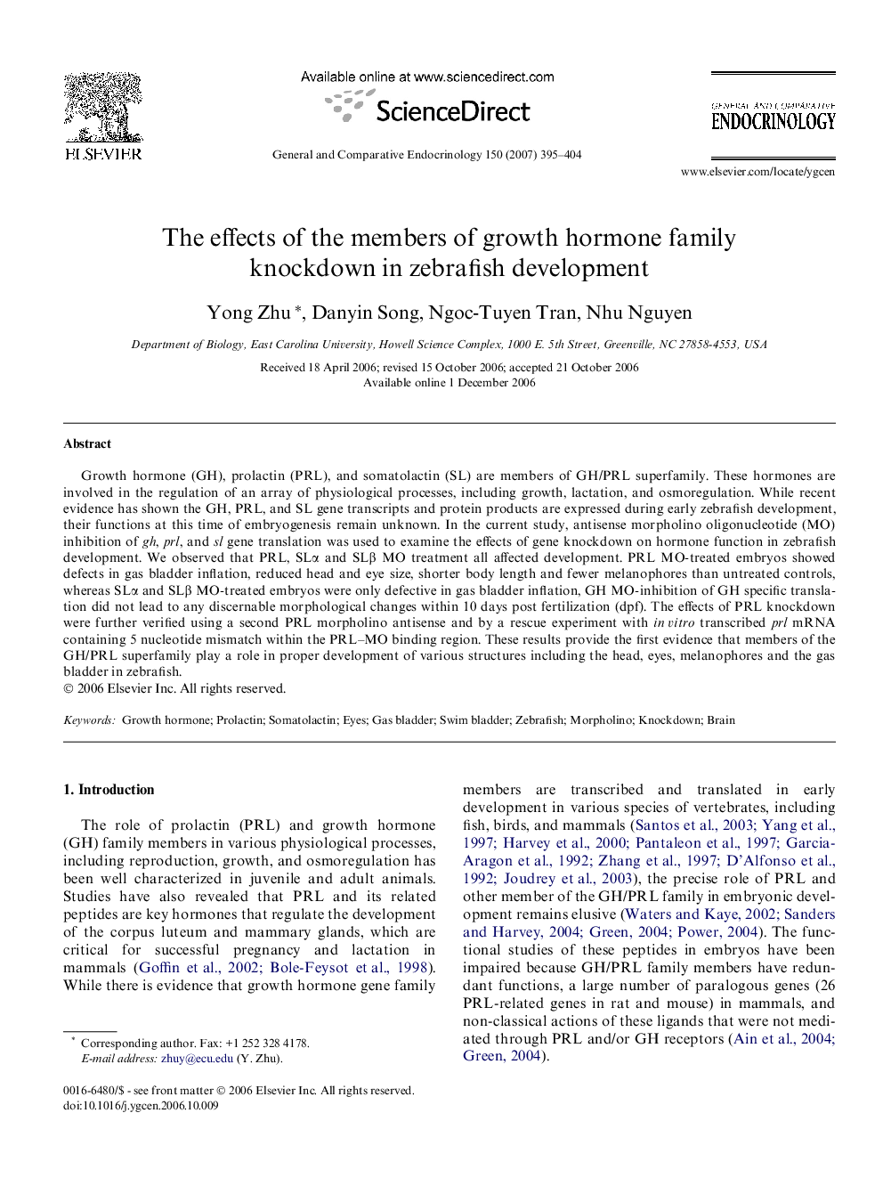 The effects of the members of growth hormone family knockdown in zebrafish development