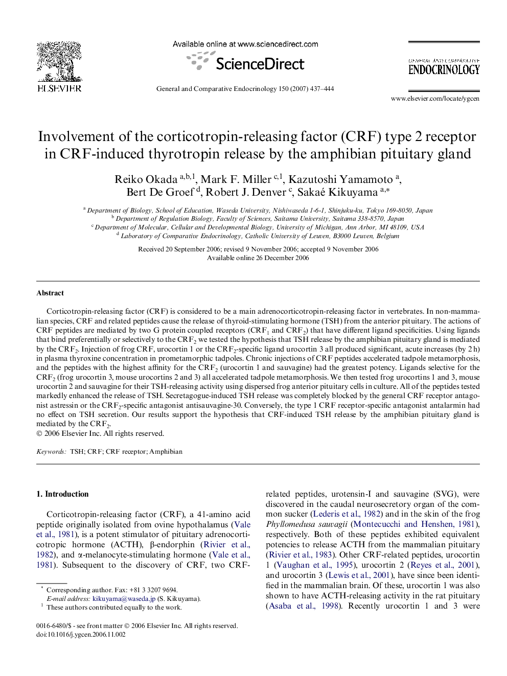 Involvement of the corticotropin-releasing factor (CRF) type 2 receptor in CRF-induced thyrotropin release by the amphibian pituitary gland