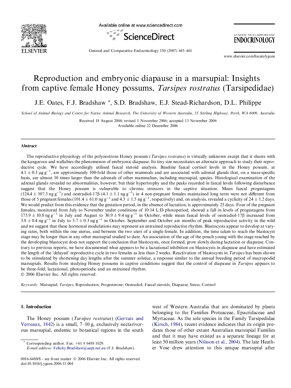 Reproduction and embryonic diapause in a marsupial: Insights from captive female Honey possums, Tarsipes rostratus (Tarsipedidae)