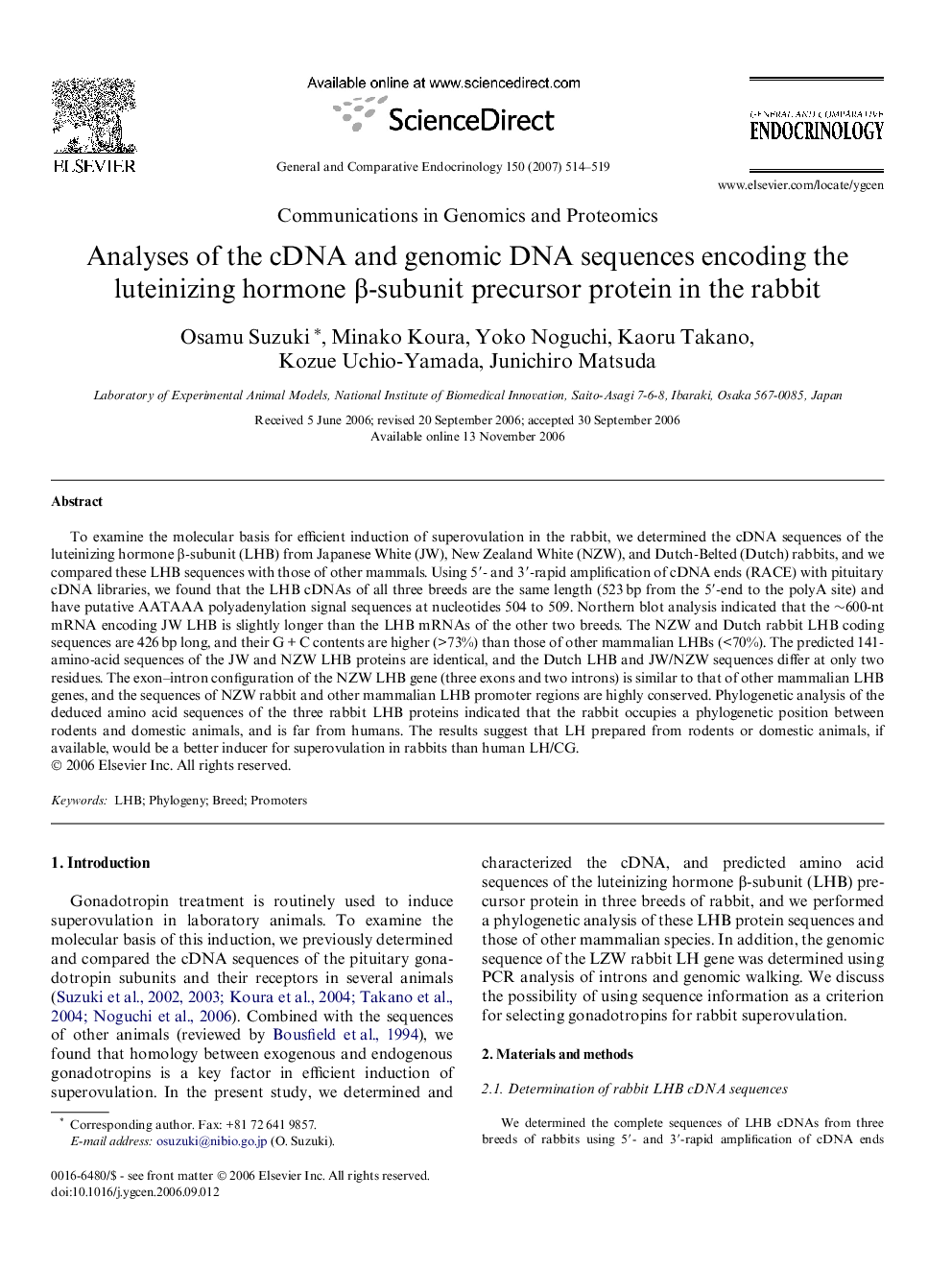 Analyses of the cDNA and genomic DNA sequences encoding the luteinizing hormone β-subunit precursor protein in the rabbit