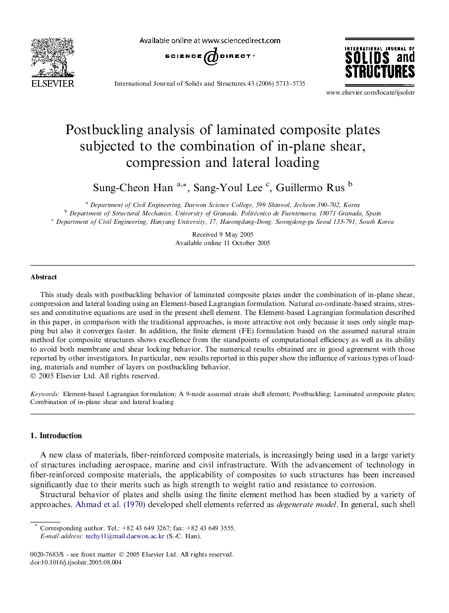 Postbuckling analysis of laminated composite plates subjected to the combination of in-plane shear, compression and lateral loading