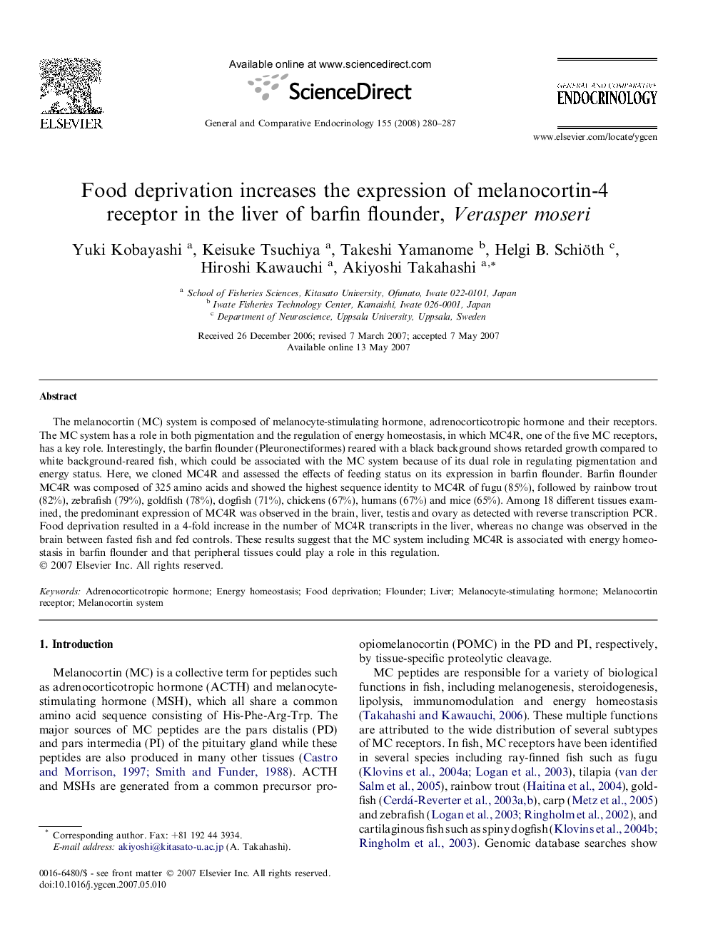 Food deprivation increases the expression of melanocortin-4 receptor in the liver of barfin flounder, Verasper moseri