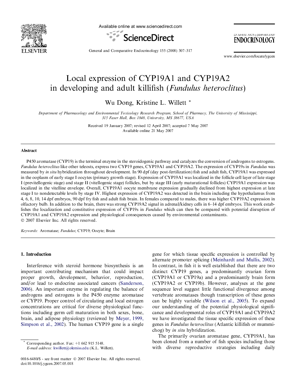 Local expression of CYP19A1 and CYP19A2 in developing and adult killifish (Fundulus heteroclitus)