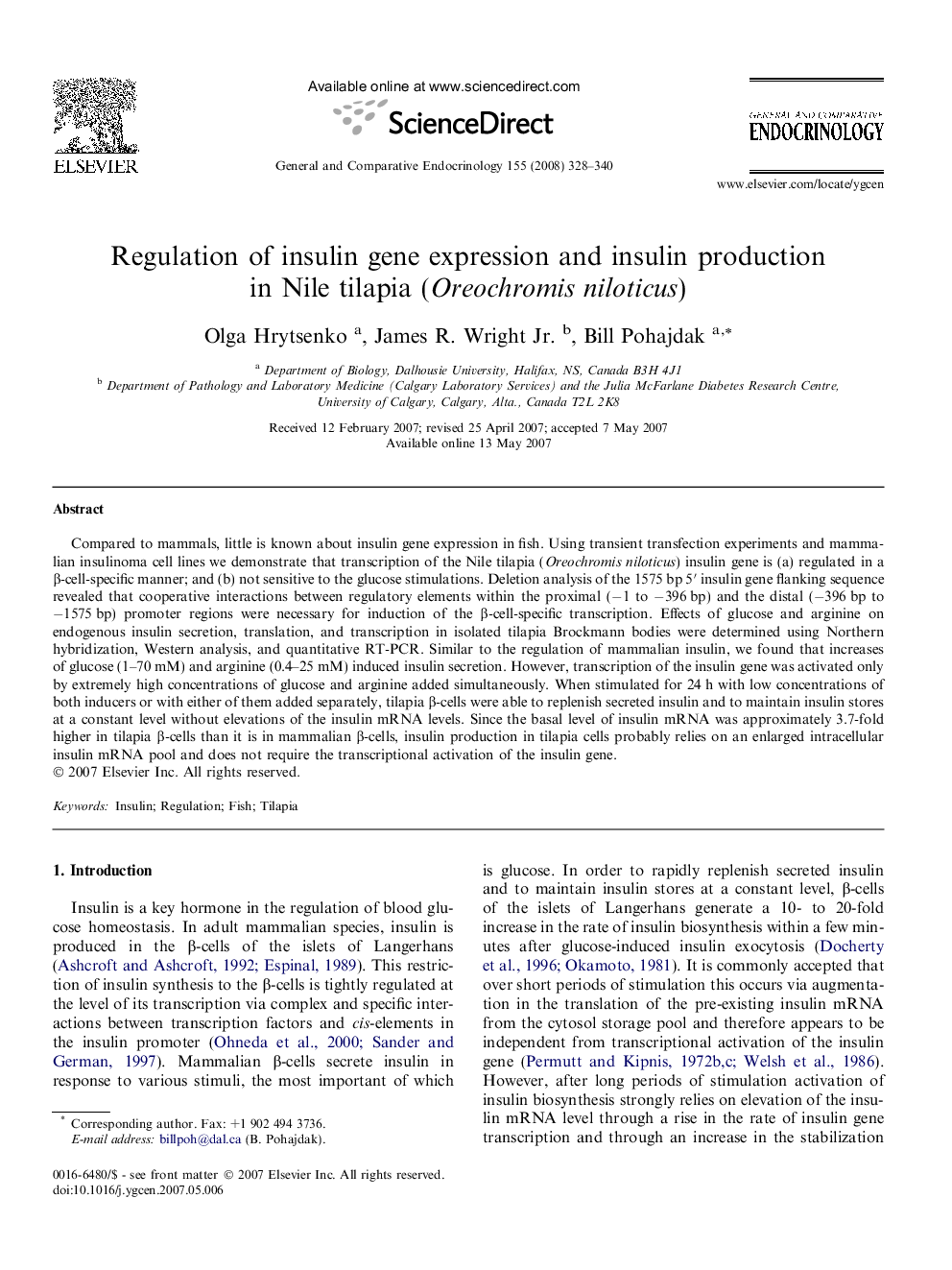 Regulation of insulin gene expression and insulin production in Nile tilapia (Oreochromis niloticus)