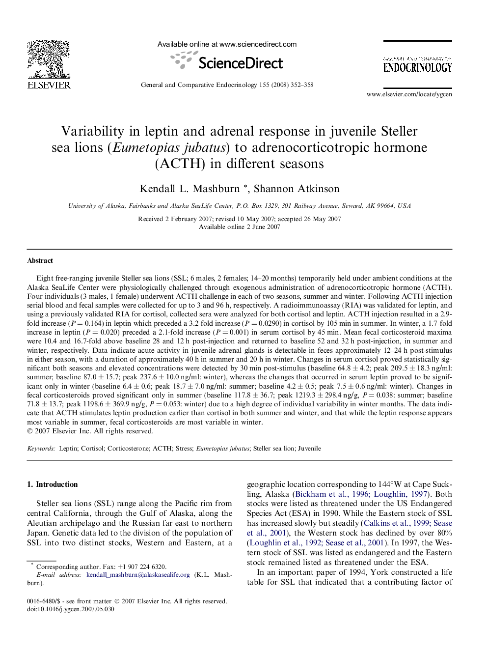 Variability in leptin and adrenal response in juvenile Steller sea lions (Eumetopias jubatus) to adrenocorticotropic hormone (ACTH) in different seasons