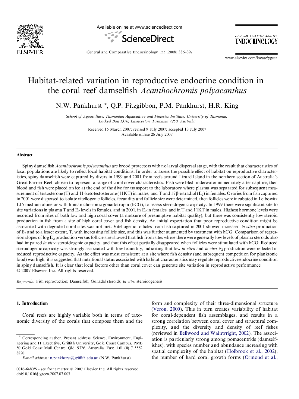 عکس صفحه اول مقاله: Habitat-related variation in reproductive endocrine condition in the coral reef damselfish Acanthochromis polyacanthus Habitat-related variation in reproductive endocrine condition in the coral reef damselfish Acanthochromis polyacanthus