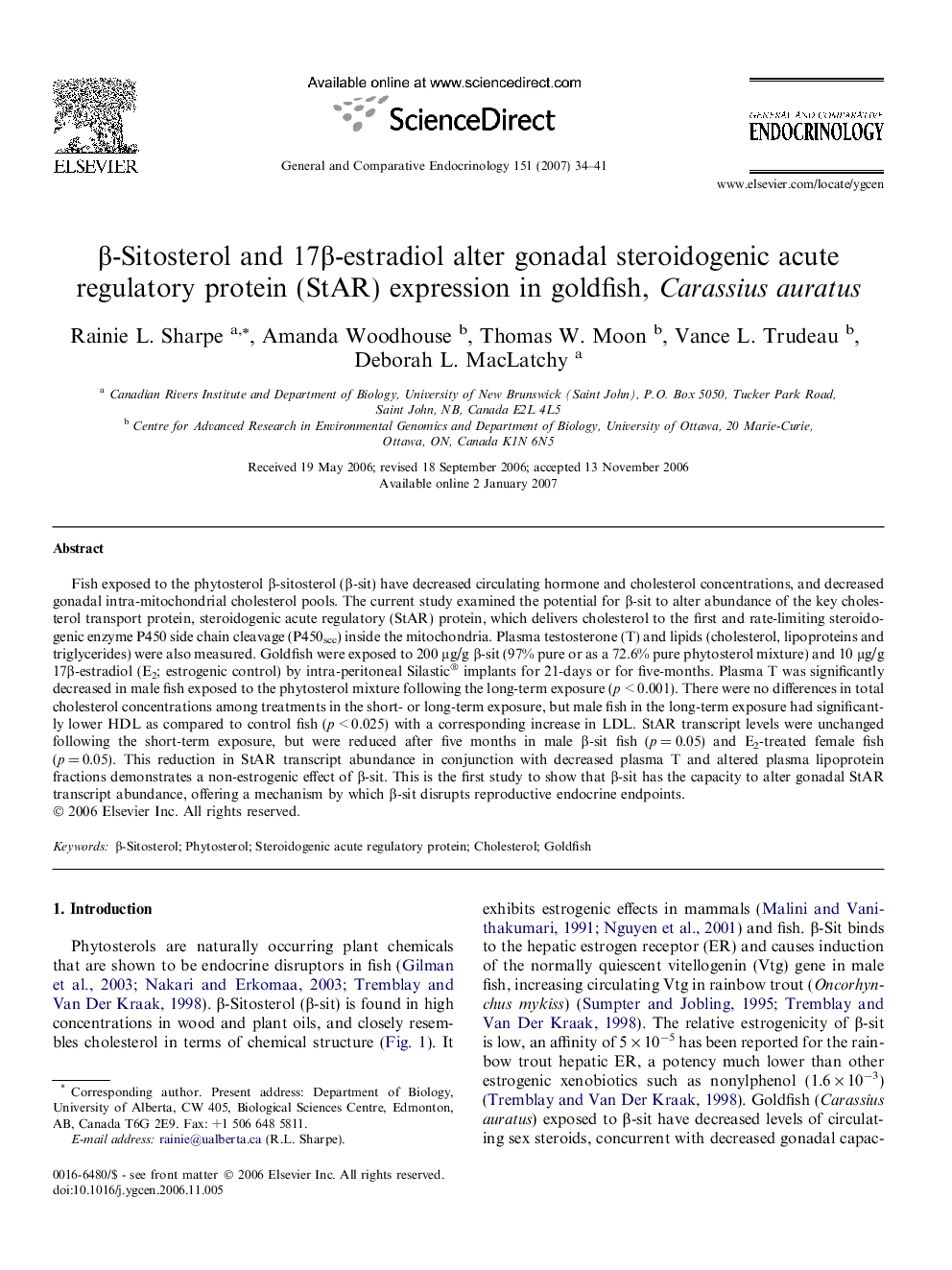 β-Sitosterol and 17β-estradiol alter gonadal steroidogenic acute regulatory protein (StAR) expression in goldfish, Carassius auratus