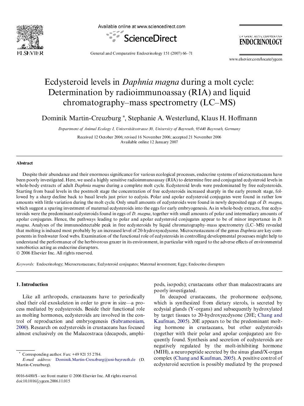 Ecdysteroid levels in Daphnia magna during a molt cycle: Determination by radioimmunoassay (RIA) and liquid chromatography–mass spectrometry (LC–MS)