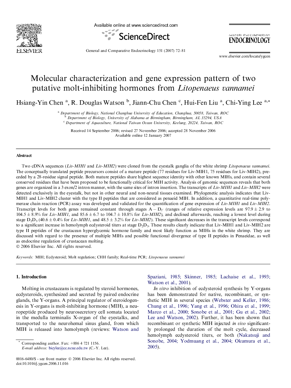 Molecular characterization and gene expression pattern of two putative molt-inhibiting hormones from Litopenaeus vannamei